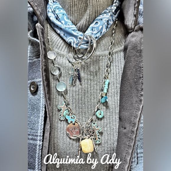 Multi turquoise charms layered statement bandanna scarf necklace - Picture 8 of 8